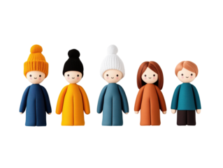 Colorful Handmade Knit Dolls in a Row on White Background