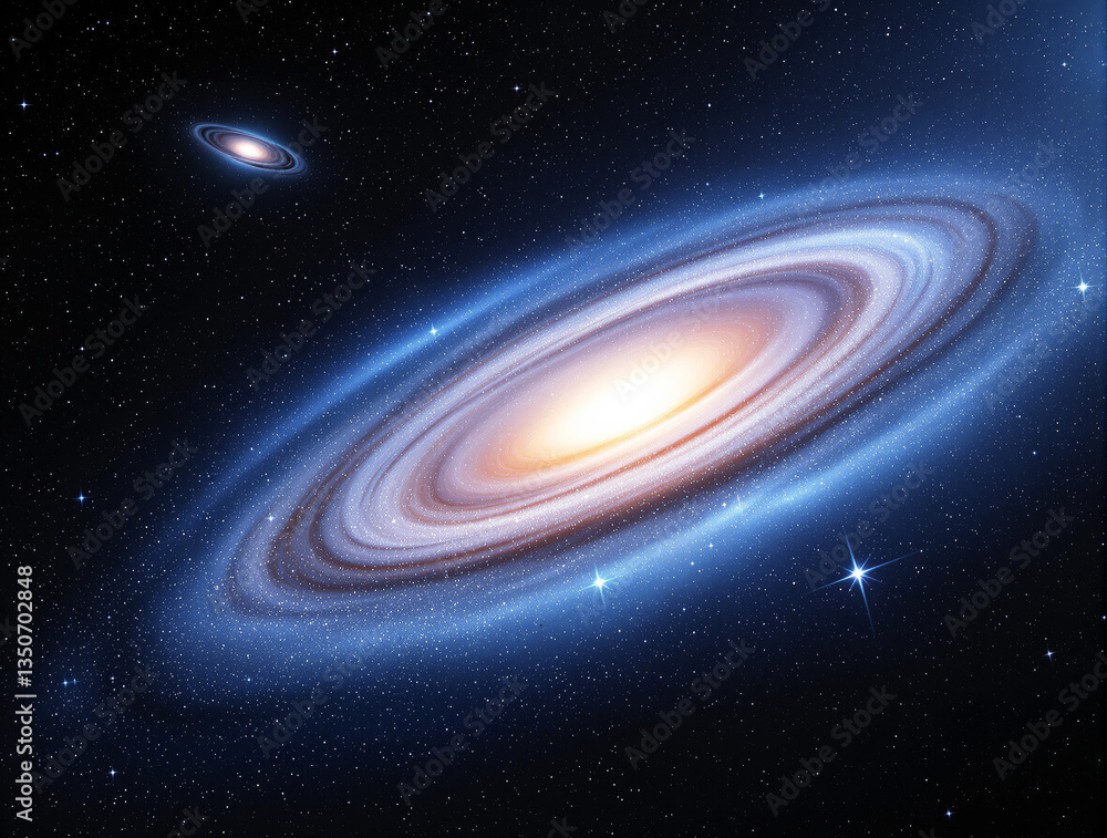 Poster a luminous spiral galaxy with a glowing core and swirling arms in deep space, surrounded by stars an