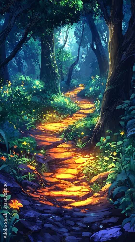 Poster enchanted forest path with sunlight filtering through trees in a mystical landscape artwork