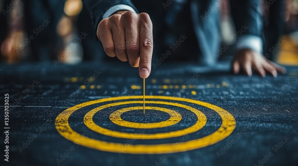 Poster close up of a hand precisely placing a small object onto a dark surface with a yellow and black targ