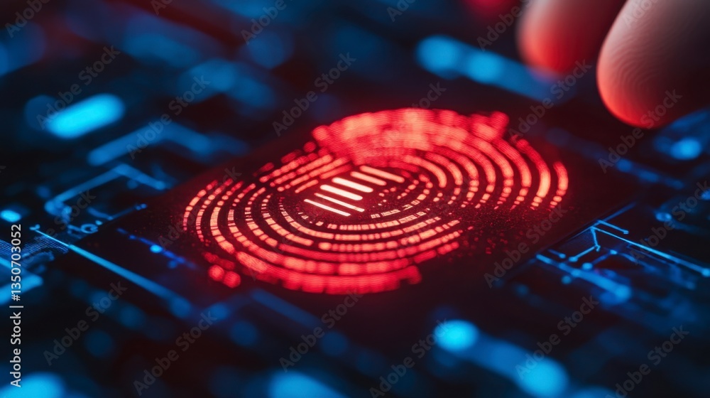 Aufkleber close up of a finger scanning a glowing red fingerprint on a technological circuit board. the backgr