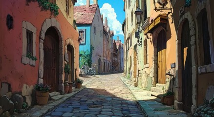 An inviting perspective of a charming cobblestone street between buildings
