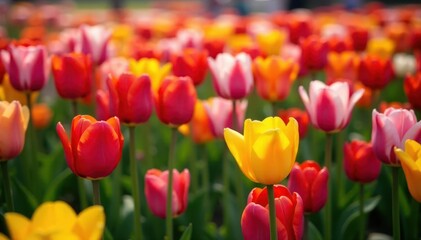 Sea of colorful tulips, diverse varieties in full bloom , textured, landscape, orange