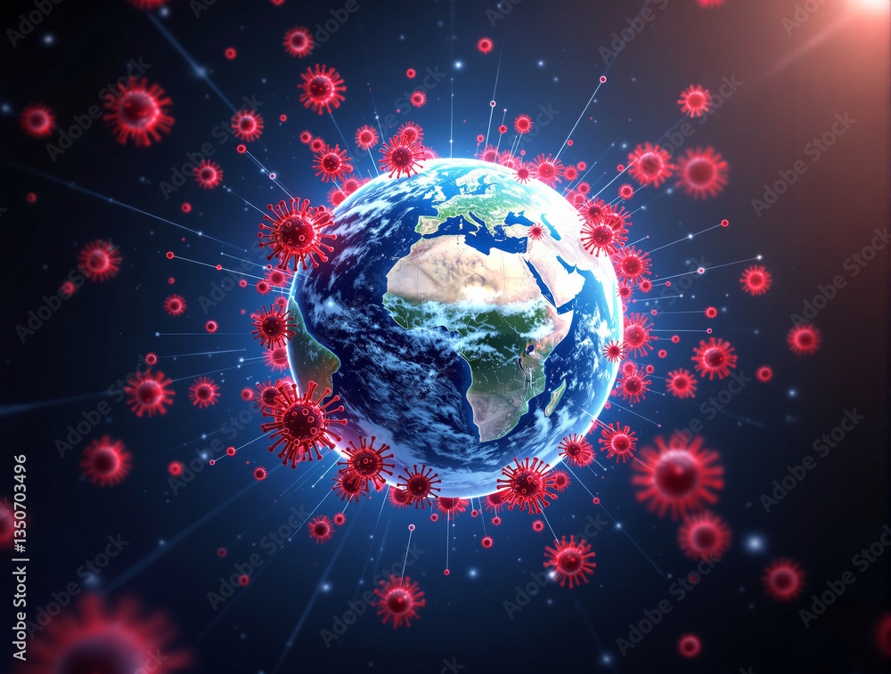 Poster earth surrounded by red virus particles with glowing connections in space background. concept of glo