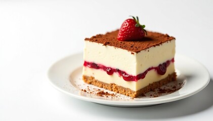 Elegant tiramisu portion, dusted cocoa, white background , single serving, tiramisu, cake