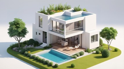 Fototapeta premium A small modern minimalist house isometric perspective,&nbsp;3D model miniature