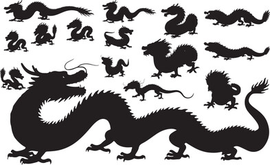 Obraz premium Chinese Water Dragon Silhouettes - Exotic Reptile Illustration