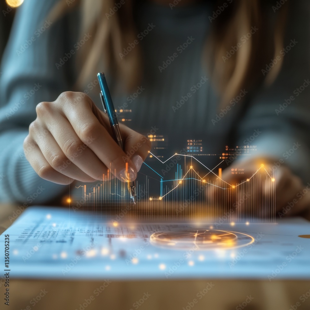 Poster close up of hands analyzing data, a pen hovering over financial documents with glowing charts and gr