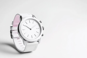 Sleek white smart watch on a white background.  A modern, minimalist timepiece with a white case and band.  Delicate pink accents on the band.  High-quality, studio shot