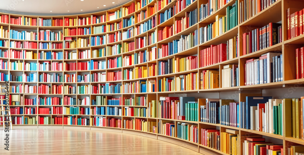 Poster large curved bookshelf packed with colorful books in a spacious library with wooden flooring and a l