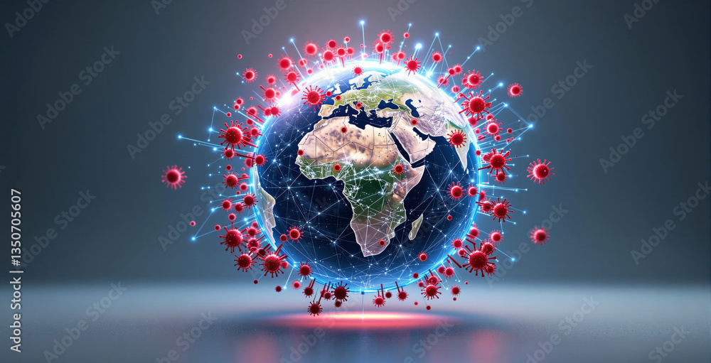 Aufkleber earth surrounded by red virus particles with a digital network overlay on a dark gradient background