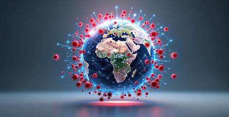 Earth surrounded by red virus particles with a digital network overlay on a dark gradient background. Concept of global pandemic, infection, and science. Ai generative