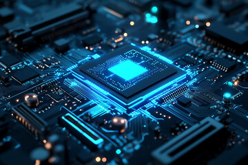 Obraz premium Close-up of a glowing microchip on circuit board, blue light