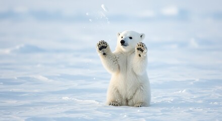 Playful Polar Bear Cub Standing in Snow Enjoying a Snowy Day