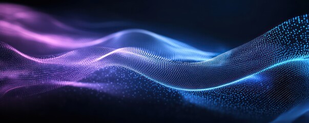 A digital abstract background with a smooth gradient of dark blue and light purple, interwoven with flowing dots and waves