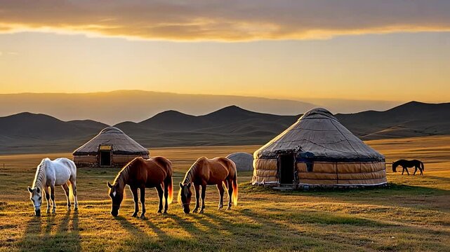 Sunset over Mongolian Steppe: Horses Grazing near Yurts