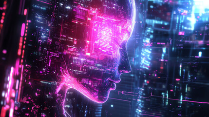 Futuristic digital face hologram with neon lights and circuits.