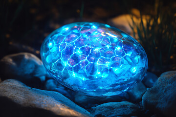Glowing blue stone emitting light in a dark, rocky setting.