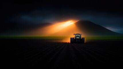 Fototapeta premium Sunrise tractor plowing a field. Dramatic sun rays piercing dark clouds