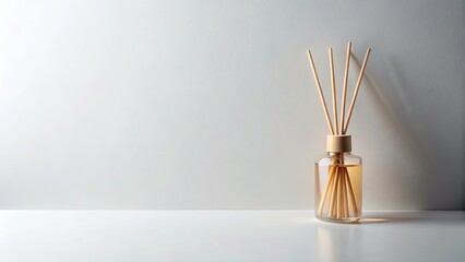 Fototapeta premium Minimalist Diffuser Bottle Aerial Shot, Flat Lay, Negative Space, High Contrast, Product Photography