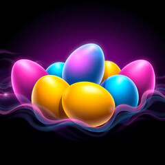 Mesmerizing composition of glowing Easter eggs in vibrant neon hues, surrounded by flowing pink light waves, set against a deep, dark background