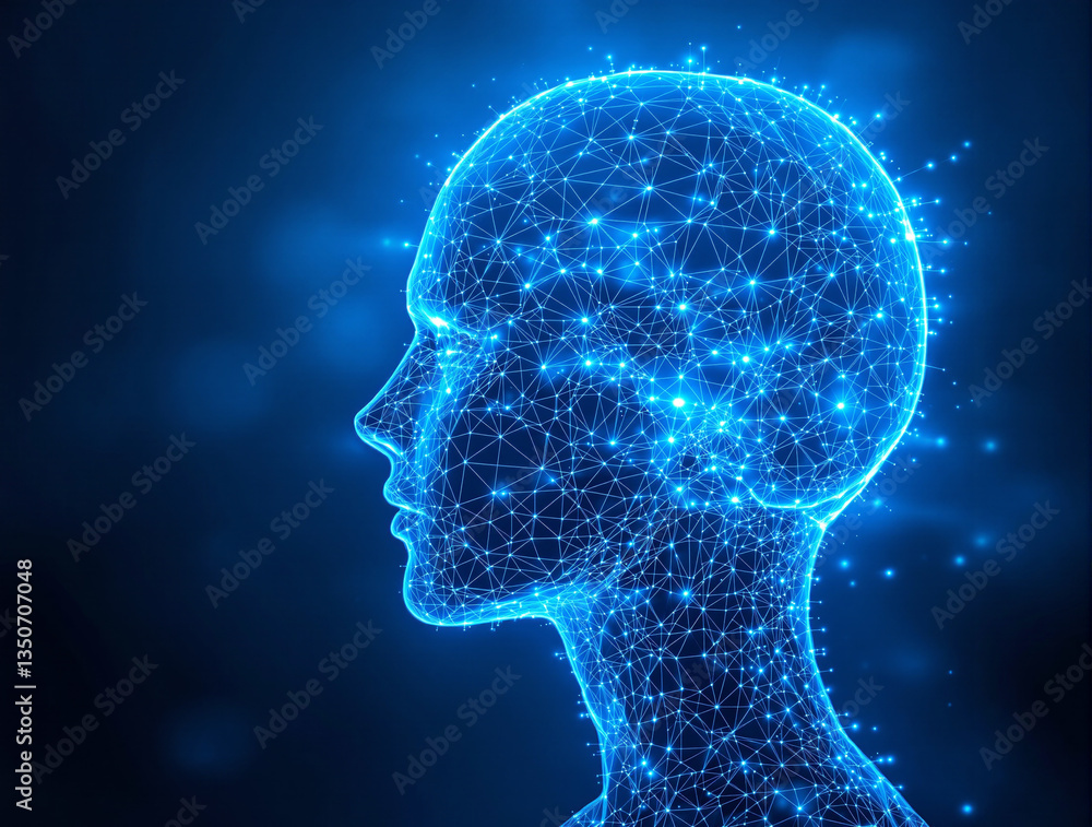 Poster abstract digital human head with glowing blue neural network connections on a dark background. conce