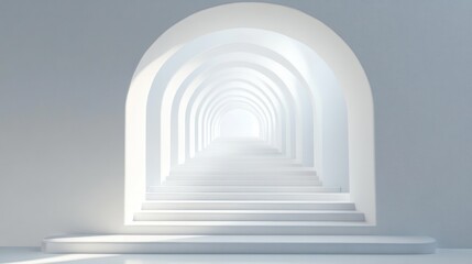 Fototapeta premium Abstract white archway tunnel perspective, steps leading to light, digital art, interior design, 3d rendering, background, use