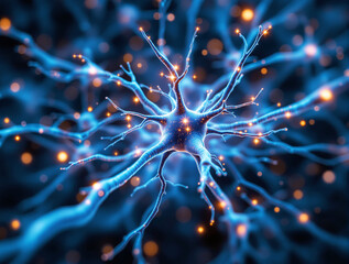 Abstract neuron cell with glowing synapses and electric impulses, creative design, dark blurred background. Concept of brain activity and science. Ai generative