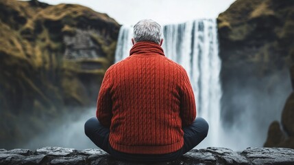 Man Meditating by Majestic Waterfall in Serene Natural Landscape