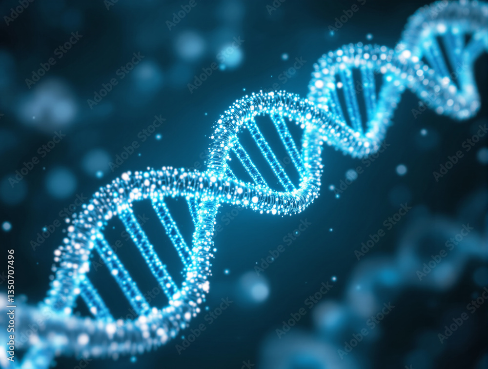 Aufkleber abstract glowing dna helix composed of luminous particles in a blue space. futuristic science concep