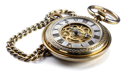 Vintage antique pocket watch with chain in silver and gold isolated on white background
