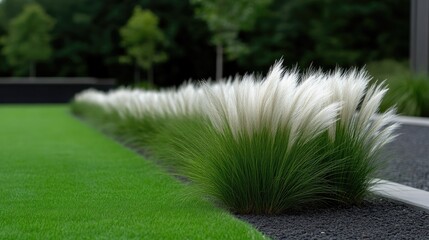 Lush landscaping with ornamental grasses.  A neatly manicured lawn borders a decorative gravel bed, accented by clusters of fluffy white ornamental grasses.  