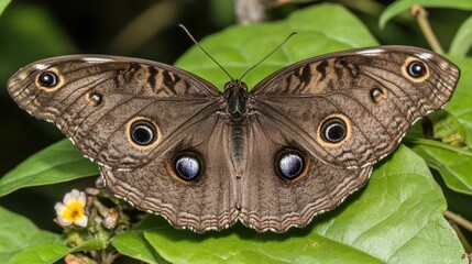 Fototapeta premium Macro Close-Up of a Brown Butterfly Perched on Green Leaves in Natural Environment