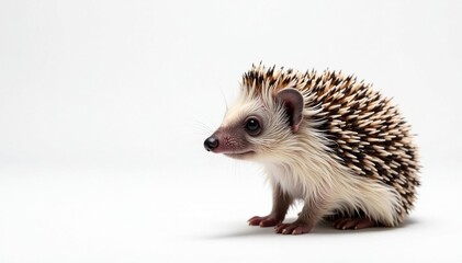 Fototapeta premium A solitary hedgehog posed against a stark white backdrop, adorable, fur