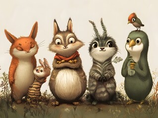 Animated Group of Animals Illustration with Fox, Rabbit, Cat, Penguin and Bird