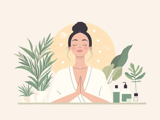 Woman meditating with plants in background, promoting relaxation.