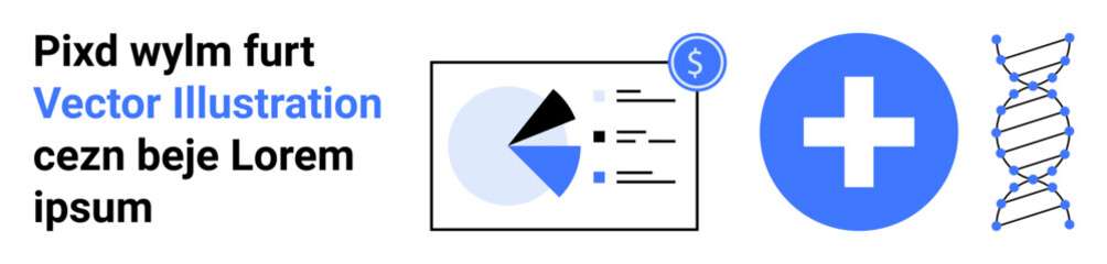 Pie chart with data points, dollar symbol, healthcare cross, and DNA strand. Ideal for finance, analytics, statistics, business, healthcare genetics education simple landing page