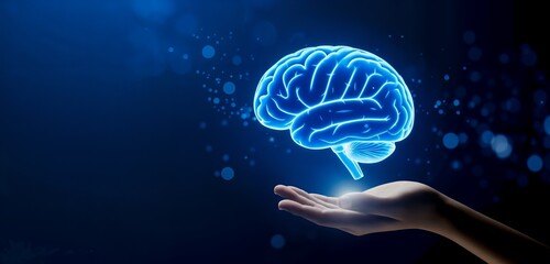 Illuminated Brain Above Hand Symbolizing Knowledge and Technology