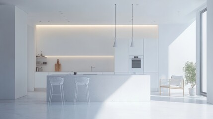 Modern minimalist white kitchen interior design with sunlight streaming through large window, island, and bar stools.