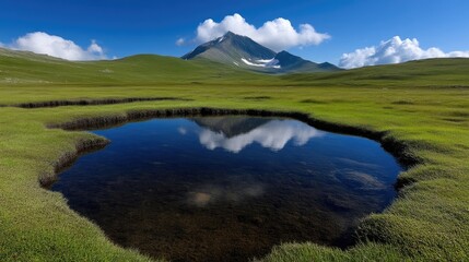 Mountain reflection in a placid pool. Lush green valley, pristine alpine lake