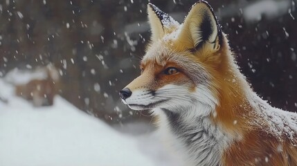 Fototapeta premium Portrait of a Red Fox Surrounded by Snowflakes in a Winter Forest During a Snowfall