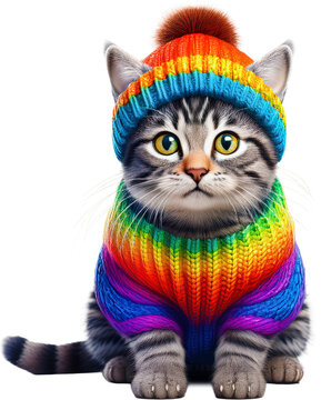gato, tierno, sueter, gorro, colores, arcoiris