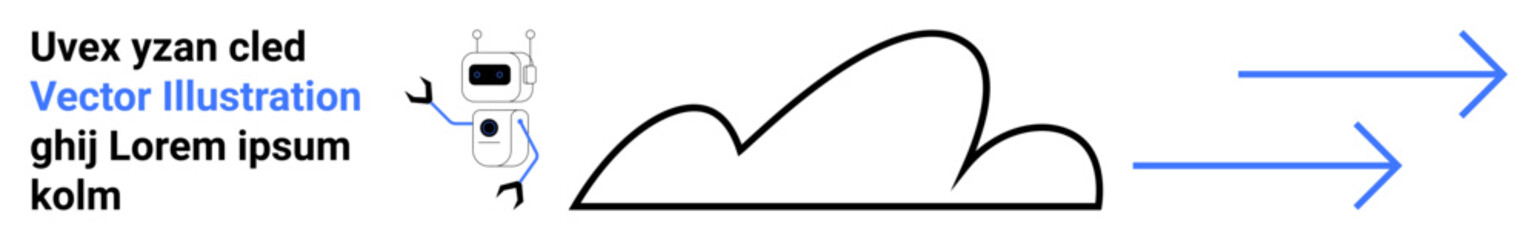 Robot beside a cloud, two blue arrows pointing right symbolize progress, innovation. Ideal for technology, AI, automation, cloud computing, networking, digital transformation simple landing page