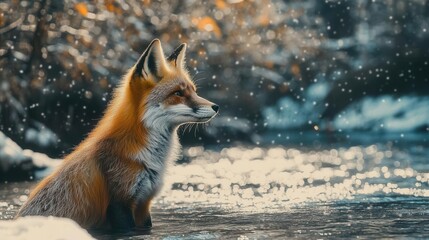 Obraz premium Red Fox Observing Its Surroundings Near a Tranquil Stream in a Snowy Autumn Forest