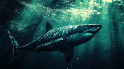 Fototapeta premium Majestic Great White Shark Swimming Gracefully in the Deep Blue Ocean Waters