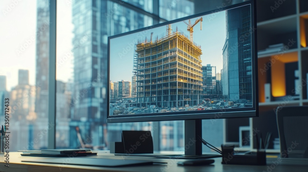 Poster Modern office desktop displaying construction site on monitor.