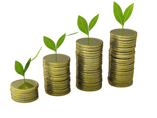 A Growing plants emerging from stacks of gold coins symbolize financial growth and sustainability. This represents concept of investing in greener future and balance between wealth and nature
