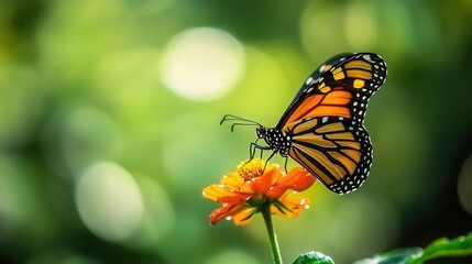 Fototapeta premium Monarch Butterfly Perched on Orange Flower in a Bright Green Natural Environment