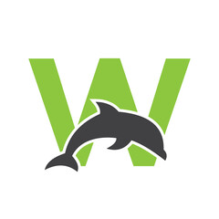Initial Monogram Letter W Dolphin Logo Design Concept With Whale Symbol