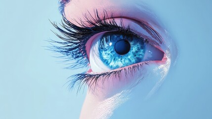 An up-close look at a human eye that symbolizes vision with its intricate lashes and iris against a gentle blue background